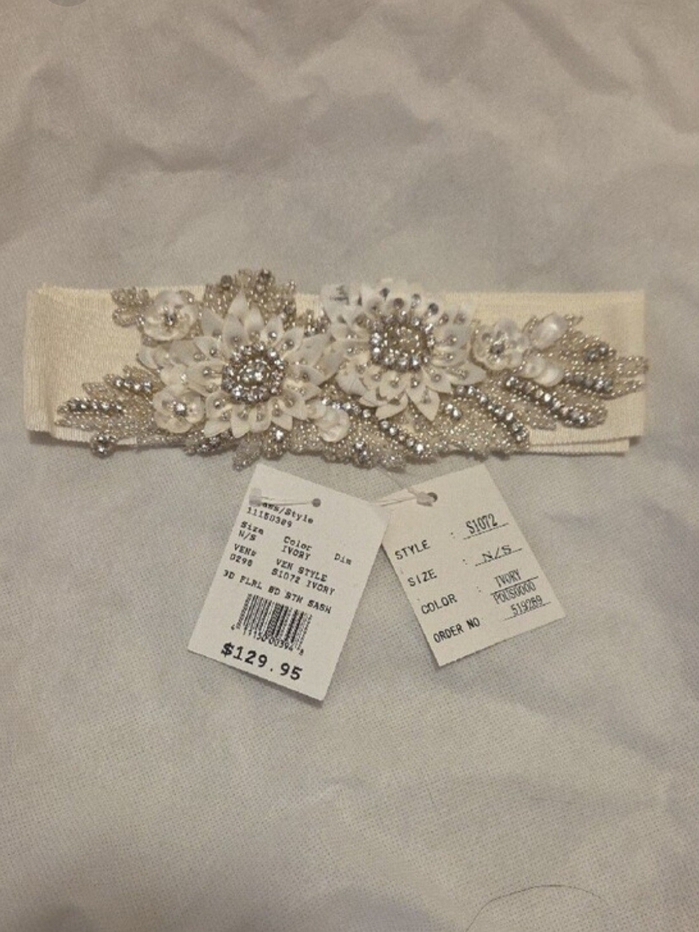 NWT David's Bridal S1072 3D Floral Beaded Wedding Sash Belt Ivory N/S